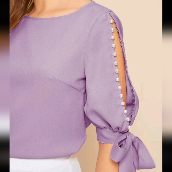 Pearl Beaded Split Sleeve Knot Cuff Top - Picture 4 of 4